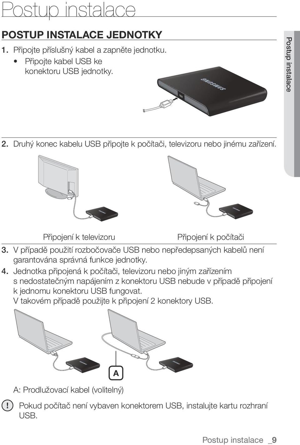 V případě použití rozbočovače USB nebo nepředepsaných kabelů není garantována správná funkce jednotky. 4.