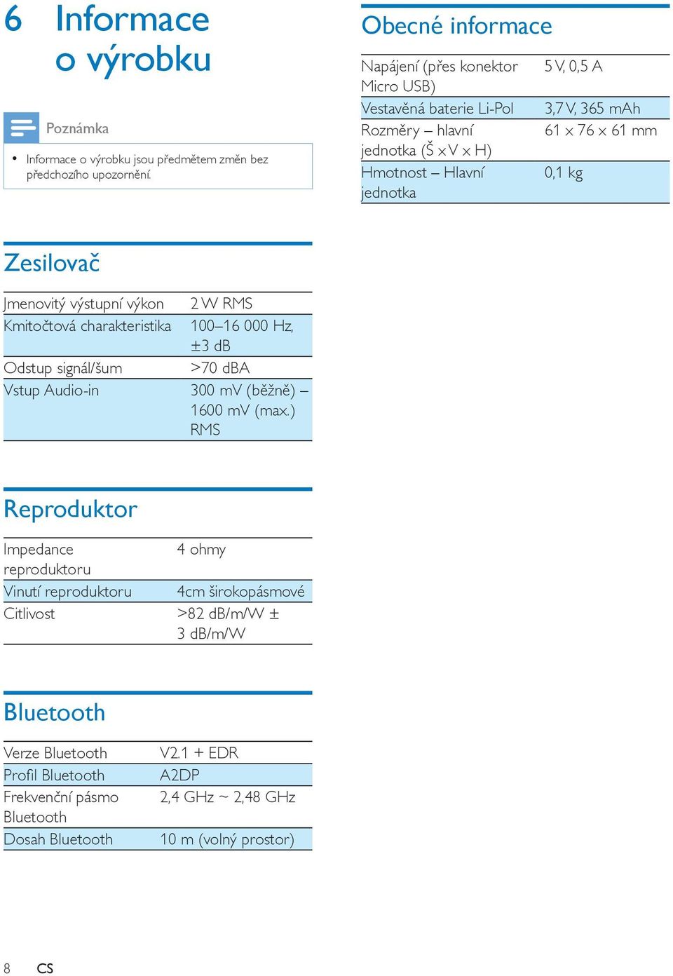 mm 0,1 kg Zesilovač Jmenovitý výstupní výkon 2 W RMS Kmitočtová charakteristika 100 16 000 Hz, ±3 db Odstup signál/šum >70 dba Vstup Audio-in 300 mv (běžně) 1600 mv (max.