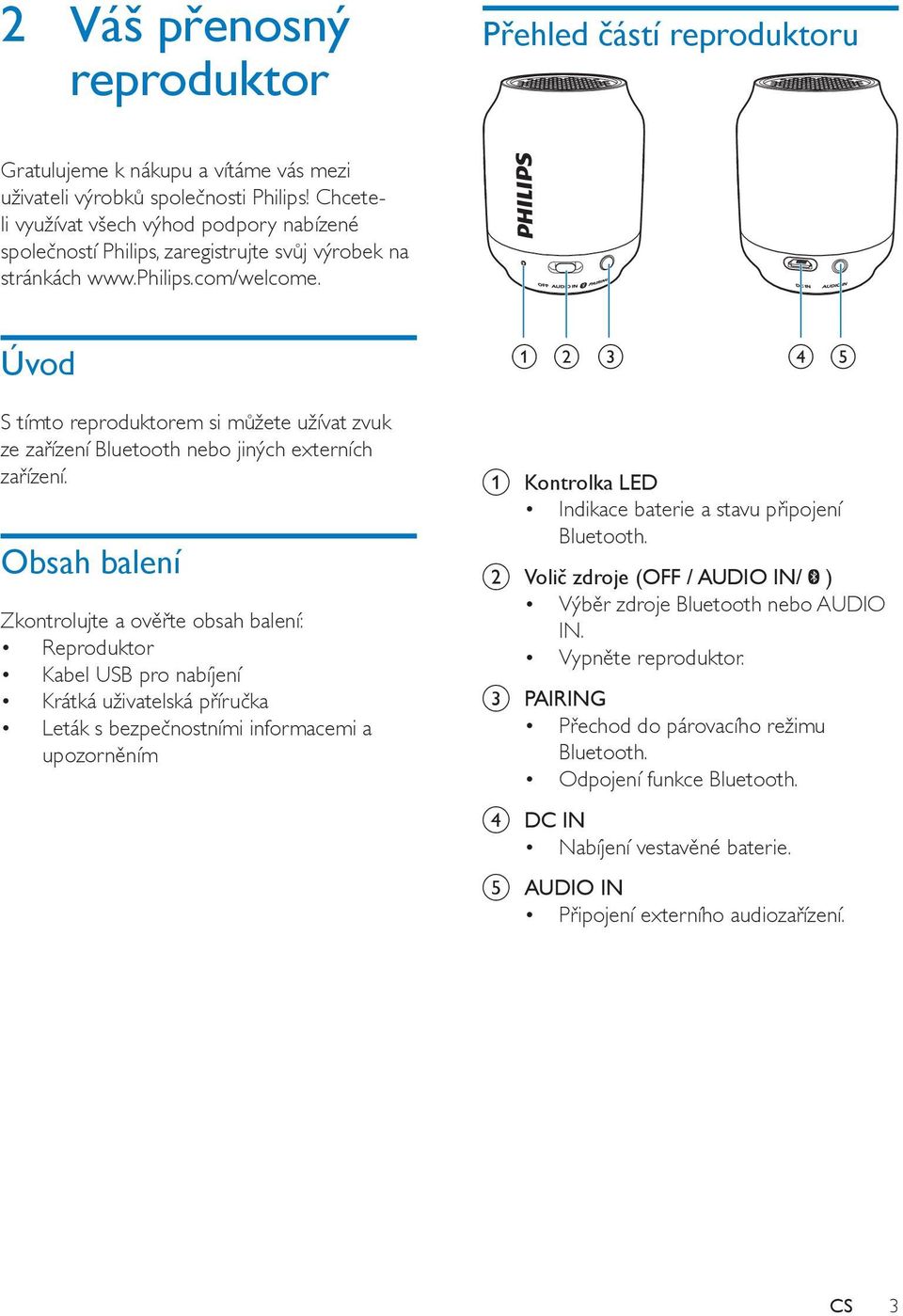 Úvod S tímto reproduktorem si můžete užívat zvuk ze zařízení Bluetooth nebo jiných externích zařízení.