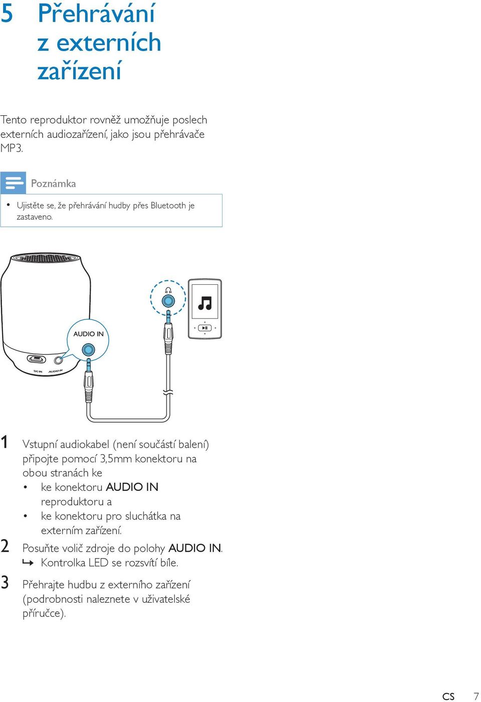 1 Vstupní audiokabel (není součástí balení) připojte pomocí 3,5mm konektoru na obou stranách ke ke konektoru AUDIO IN reproduktoru a ke