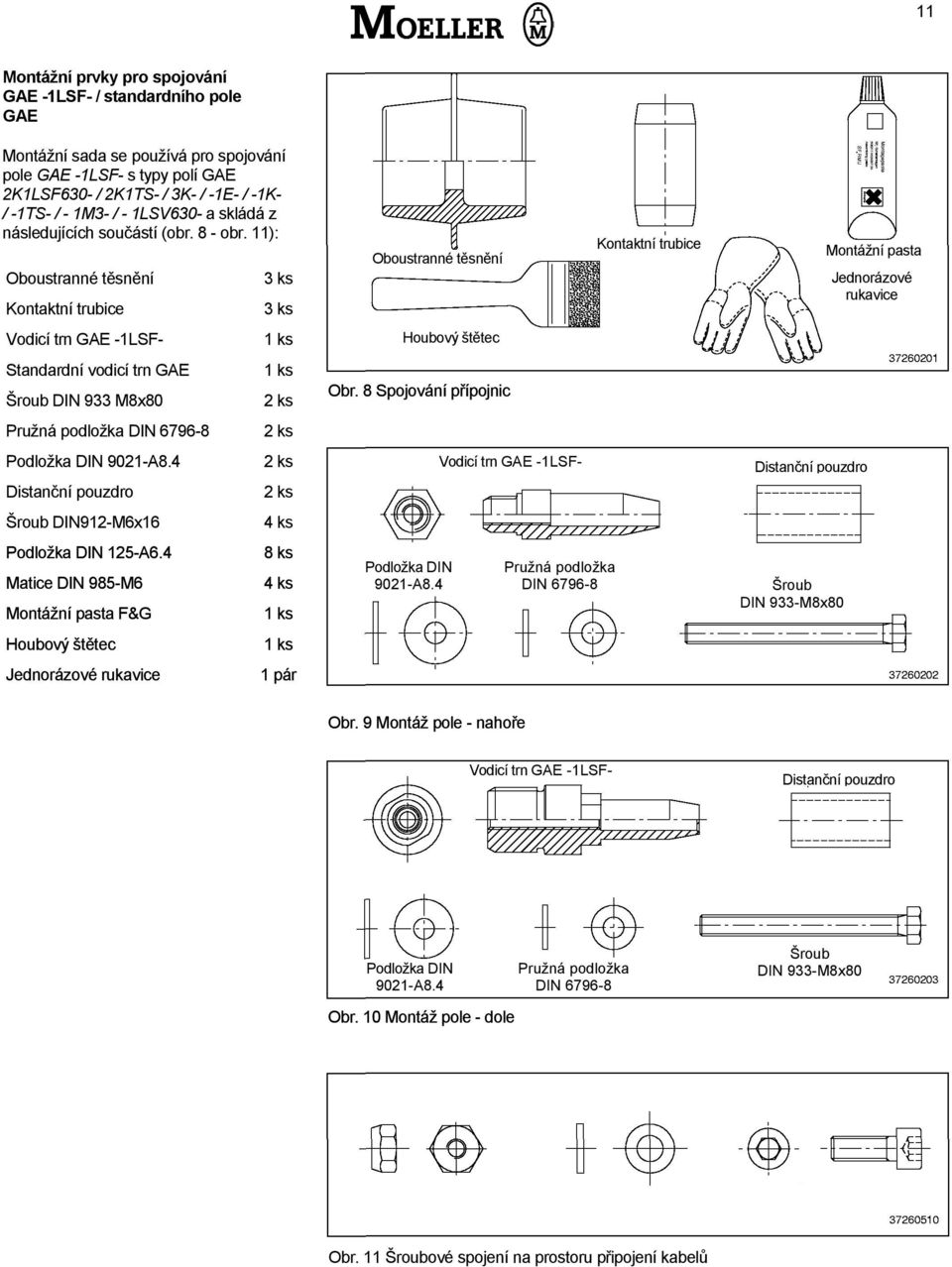 11): Oboustranné těsnění Kontaktní trubice Vodicí trn GAE -1LSF- Standardní vodicí trn GAE Šroub DIN 933 M8x80 Pružná podložka DIN 6796-8 Podložka DIN 9021-A8.