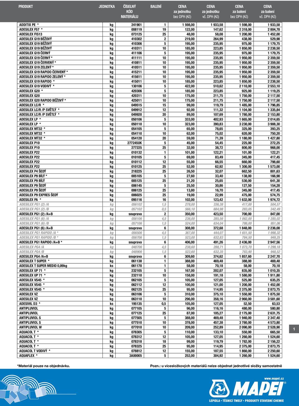 195,00 235,95 975,00 1 179,75 ADESILEX G19 ČERNÝ * kg 411111 10 195,00 235,95 1 950,00 2 359,50 ADESILEX G19 ČERVENÝ * kg 410811 10 195,00 235,95 1 950,00 2 359,50 ADESILEX G19 ZELENÝ * kg 410511 10