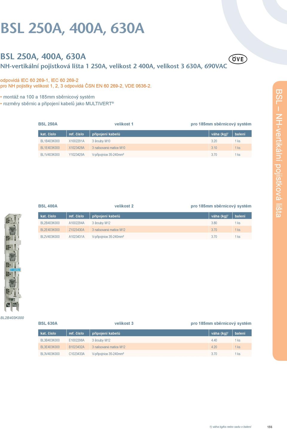 číslo připojení kabelů váha (kg) 1 balení BL1B403K000 X1002291A 3 šrouby M10 3.20 1 ks BL1E403K000 X1023428A 3 nalisované matice M10 3.10 1 ks BL1V403K000 Y1023429A V-přípojnice 35-240mm² 3.