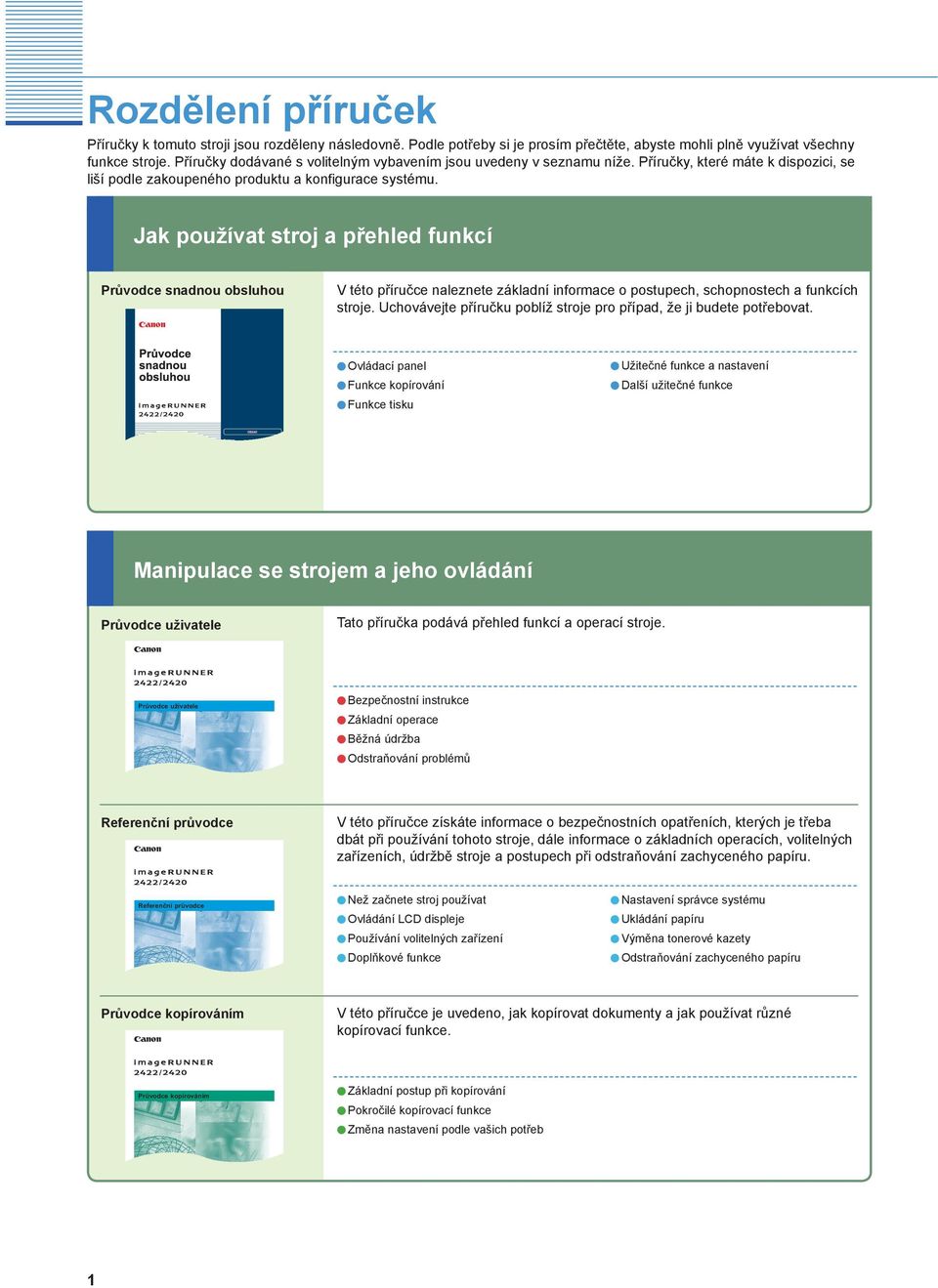 Jak používat stroj a přehled funkcí Průvodce snadnou obsluhou V této příručce naleznete základní informace o postupech, schopnostech a funkcích stroje.