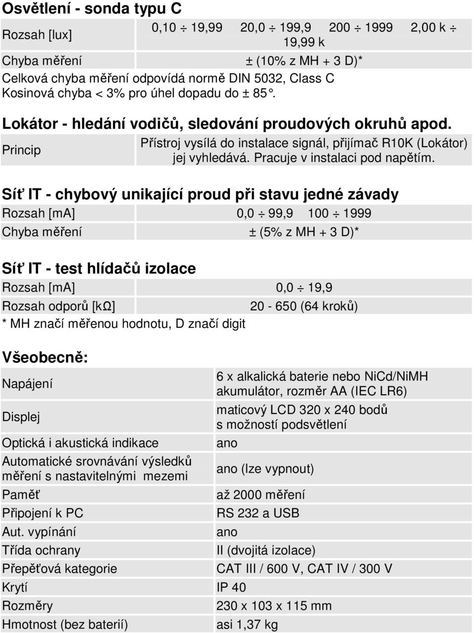 Síť IT - chybový unikající proud při stavu jedné závady [ma] 0,0 99,9 100 1999 ± (5% z MH + 3 D)* Síť IT - test hlídačů izolace [ma] 0,0 19,9 odporů [kω] 20-650 (64 kroků) * MH značí měřenou hodnotu,