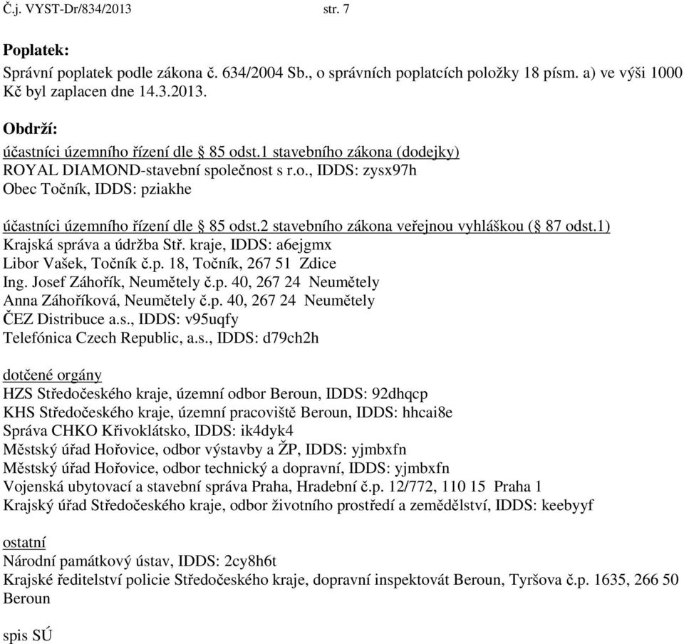 1) Krajská správa a údržba Stř. kraje, IDDS: a6ejgmx Libor Vašek, Točník č.p. 18, Točník, 267 51 Zdice Ing. Josef Záhořík, Neumětely č.p. 40, 267 24 Neumětely Anna Záhoříková, Neumětely č.p. 40, 267 24 Neumětely ČEZ Distribuce a.