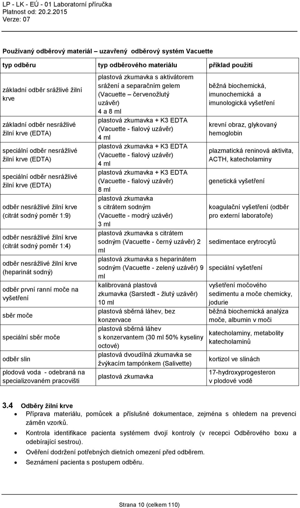 odběr nesrážlivé žilní krve (heparinát sodný) odběr první ranní moče na vyšetření sběr moče speciální sběr moče odběr slin plodová voda - odebraná na specializovaném pracovišti plastová zkumavka s