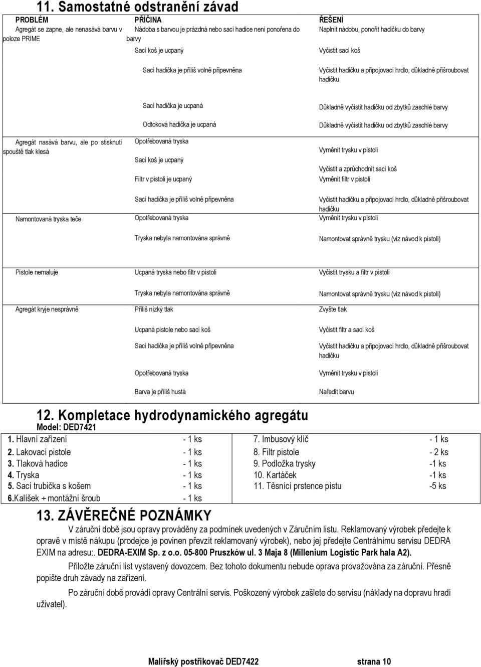 hadička je ucpaná Důkladně vyčistit hadičku od zbytků zaschlé barvy Důkladně vyčistit hadičku od zbytků zaschlé barvy Agregát nasává barvu, ale po stisknutí spouště tlak klesá Opotřebovaná tryska