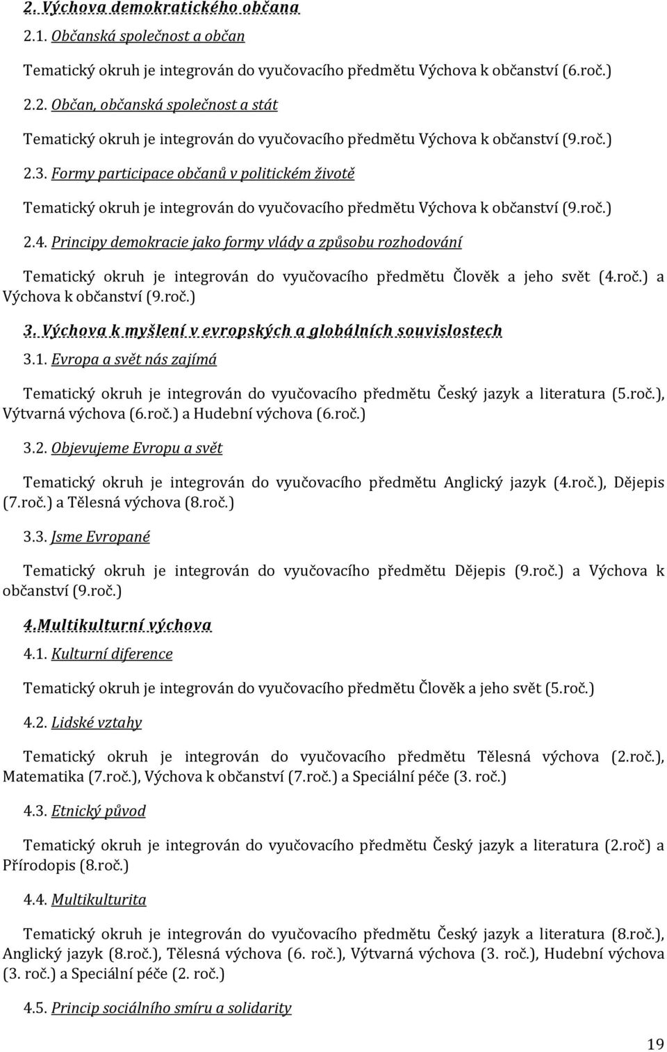 Principy demokracie jako formy vlády a způsobu rozhodování Tematický okruh je integrován do vyučovacího předmětu Člověk a jeho svět (4.roč.) a Výchova k občanství (9.roč.) 3.