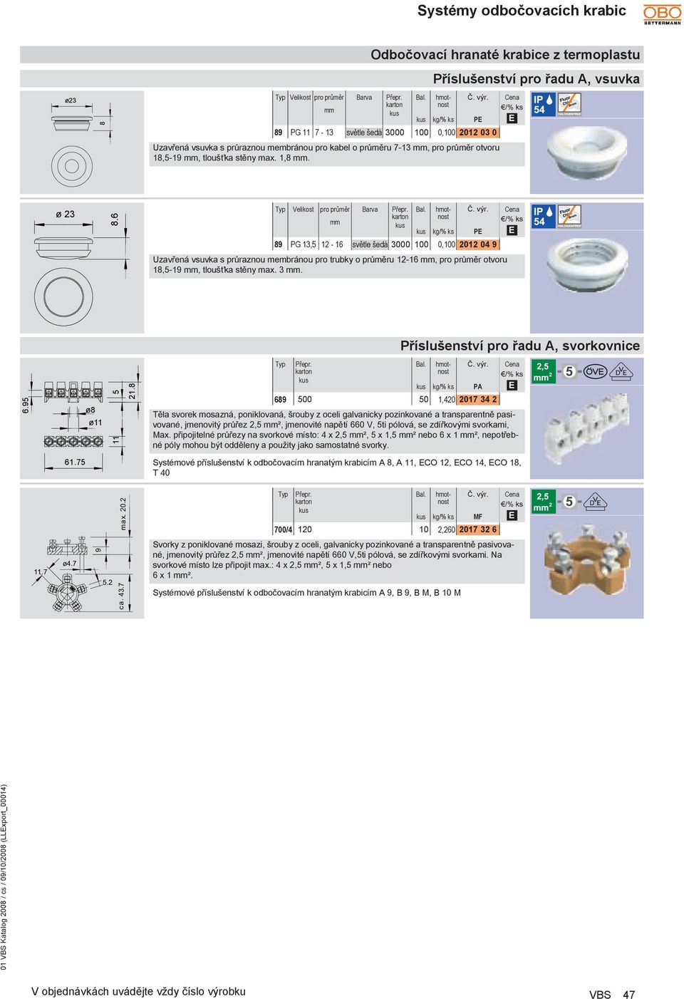 6 Velikost pro průměr mm 89 PG 13,5 12-16 světle šedá 3000 100 0,100 2012 04 9 Uzavřená vsuvka s průraznou membránou pro trubky o průměru 12-16 mm, pro průměr otvoru 18,5-19 mm, tloušťka stěny max.
