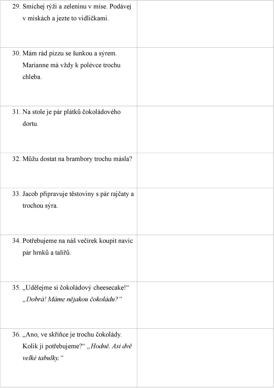 There are a few slices of chocolate cake on the table. 32. Můžu dostat na brambory trochu másla? Can I have a little butter on my potatoes? 33. Jacob připravuje těstoviny s pár rajčaty a trochou sýra.