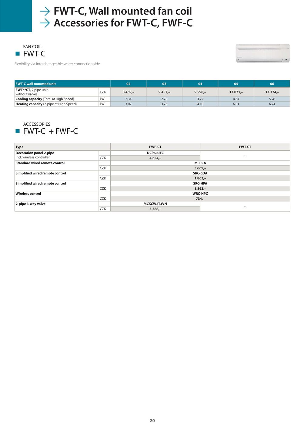 324, Cooling capacity (Total at High Speed) kw 2,34 2,78 3,22 4,54 5,28 Heating capacity (2-pipe at High Speed) kw 3,02 3,75 4,10 6,01 6,74 ACCESSORIES FWT-C + FWF-C Type