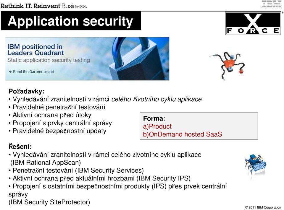 Vyhledávání zranitelností v rámci celého životního cyklu aplikace (IBM Rational AppScan) Penetrační testování (IBM Security Services) Aktivní