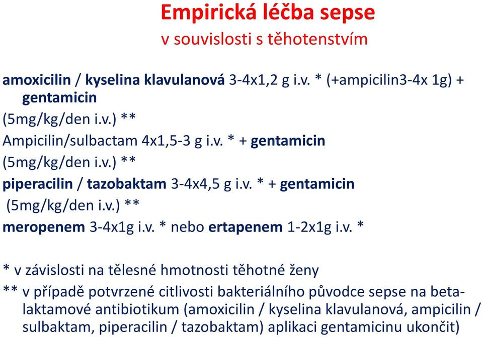 v. * * v závislosti na tělesné hmotnosti těhotné ženy ** v případě potvrzené citlivosti bakteriálního původce sepse na betalaktamovéantibiotikum