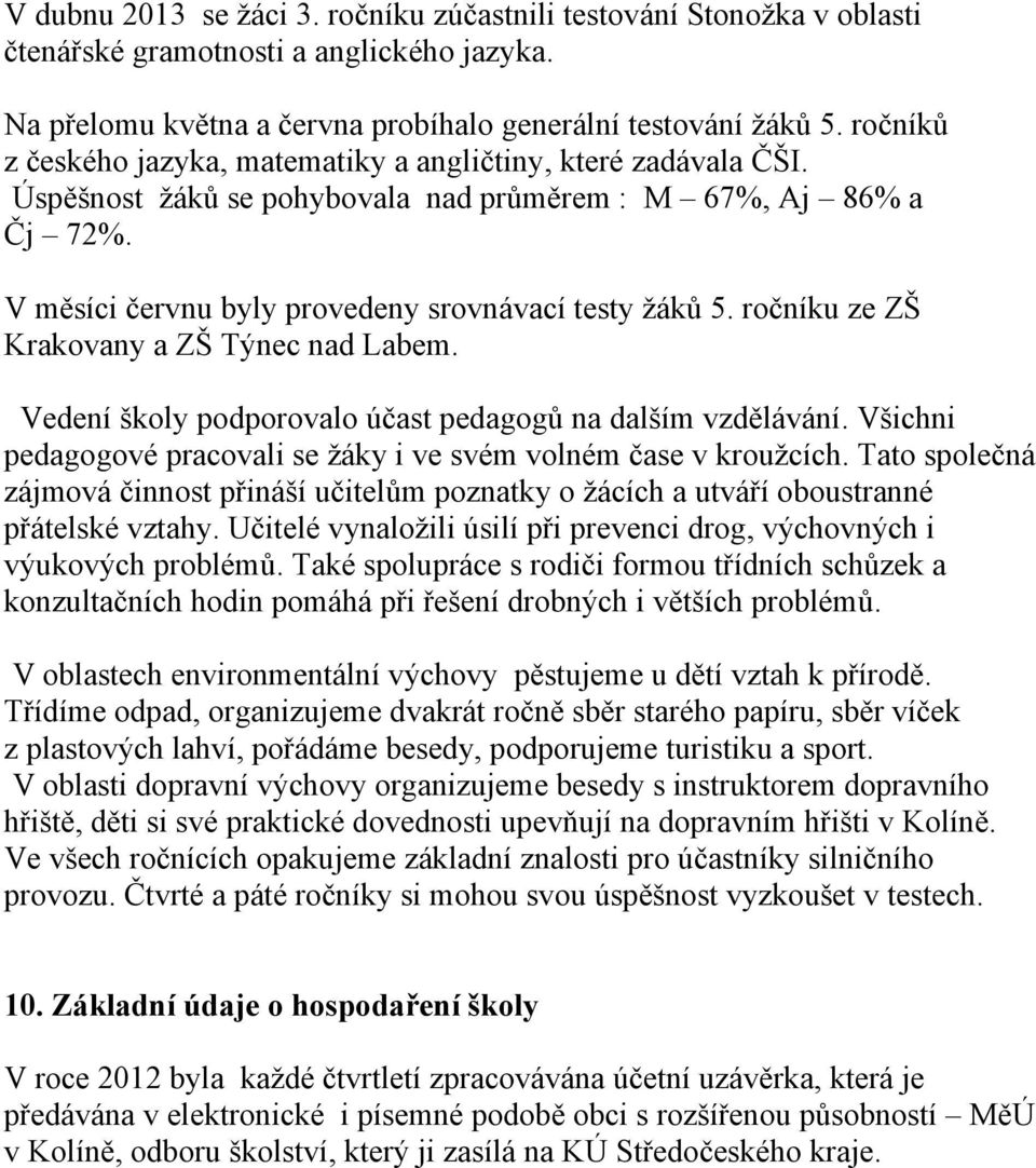 ročníku ze ZŠ Krakovany a ZŠ Týnec nad Labem. Vedení školy podporovalo účast pedagogů na dalším vzdělávání. Všichni pedagogové pracovali se žáky i ve svém volném čase v kroužcích.