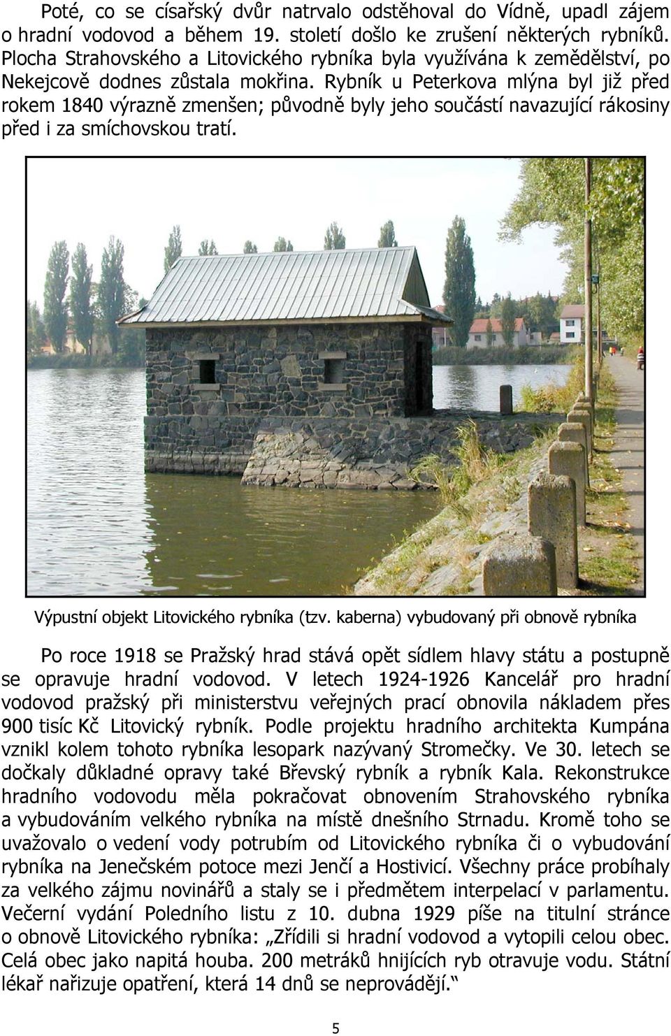 Rybník u Peterkova mlýna byl již před rokem 1840 výrazně zmenšen; původně byly jeho součástí navazující rákosiny před i za smíchovskou tratí. Výpustní objekt Litovického rybníka (tzv.