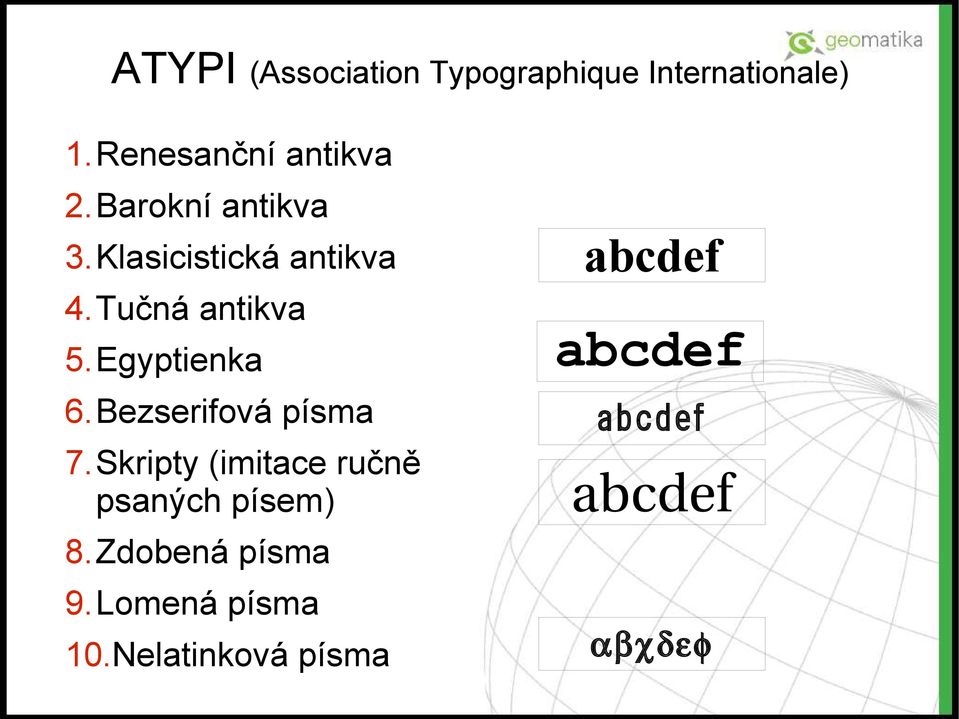 Bezserifová písma 7.Skripty (imitace ručně psaných písem) 8.