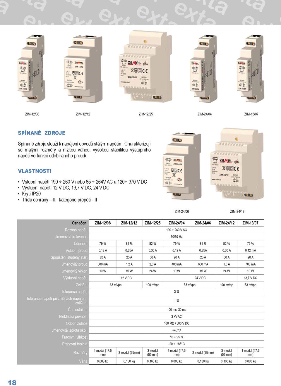 VLASTNOSTI Vstupní napětí 190 260 V nebo 85 264V AC a 120 370 V DC Výstupní napětí 12 V DC, 13,7 V DC, 24 V DC Krytí IP20 Třída ochrany II, kategorie přepětí - II ZIM-24/06 ZIM-24/12 Označení