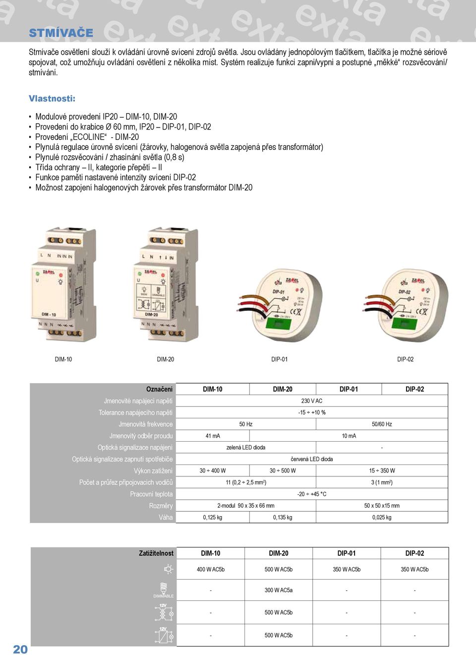 Modulové provedení IP20 DIM-10, DIM-20 Provedení do krabice Ø 60 mm, IP20 DIP-01, DIP-02 Provedení ECOLINE - DIM-20 Plynulá regulace úrovně svícení (žárovky, halogenová světla zapojená přes