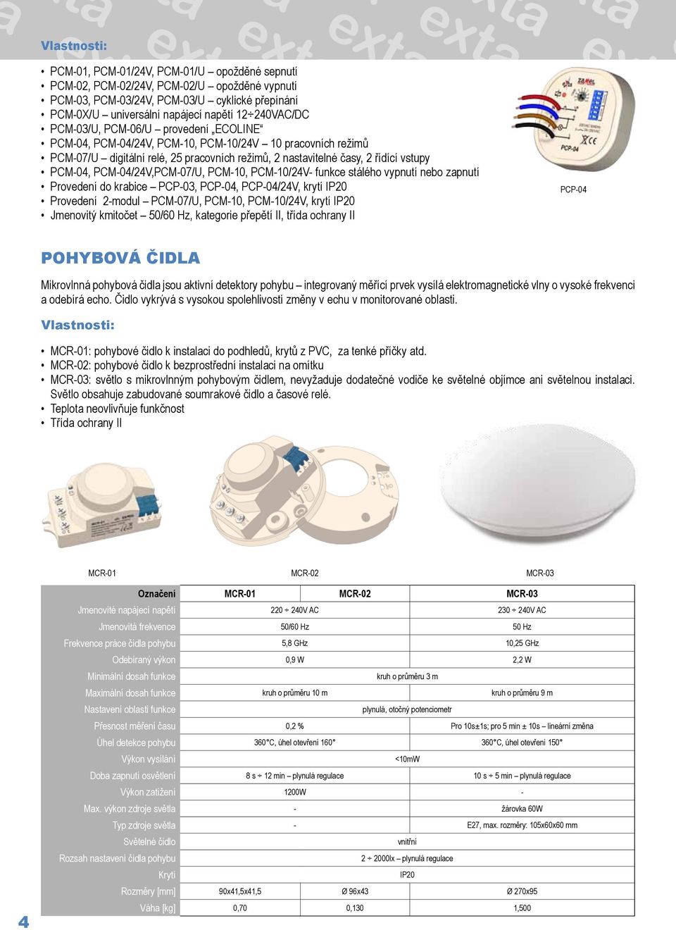 PCM-04/24V,PCM-07/U, PCM-10, PCM-10/24V- funkce stálého vypnutí nebo zapnutí Provedení do krabice PCP-03, PCP-04, PCP-04/24V, krytí IP20 Provedení 2-modul PCM-07/U, PCM-10, PCM-10/24V, krytí IP20