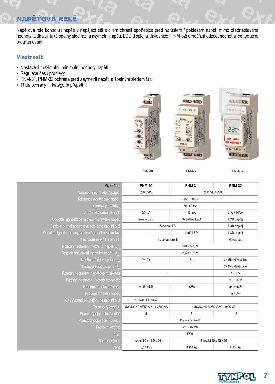 Nastavení maximální, minimální hodnoty napětí Regulace času prodlevy PNM-31, PNM-32 ochrana před asymetrii napětí a špatným sledem fází Třída ochrany II, kategorie přepětí II PNM-10 PNM-31 PNM-32