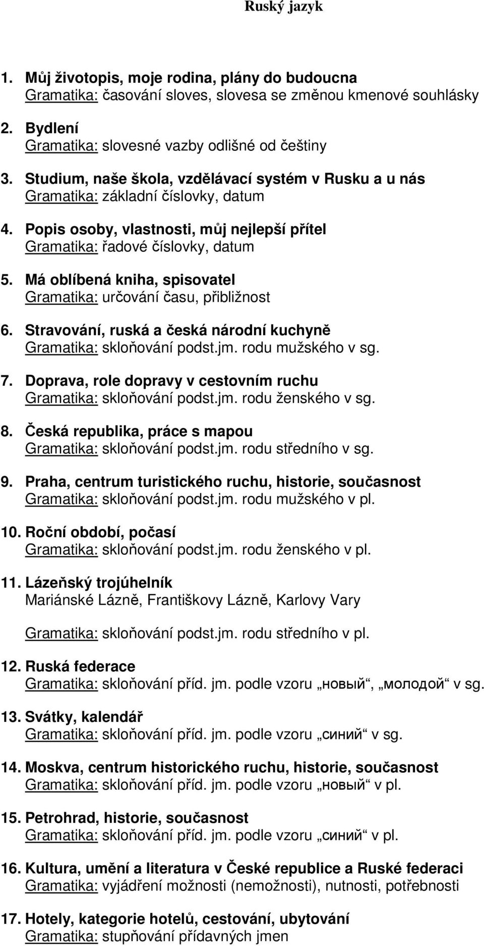 Má oblíbená kniha, spisovatel Gramatika: určování času, přibližnost 6. Stravování, ruská a česká národní kuchyně Gramatika: skloňování podst.jm. rodu mužského v sg. 7.