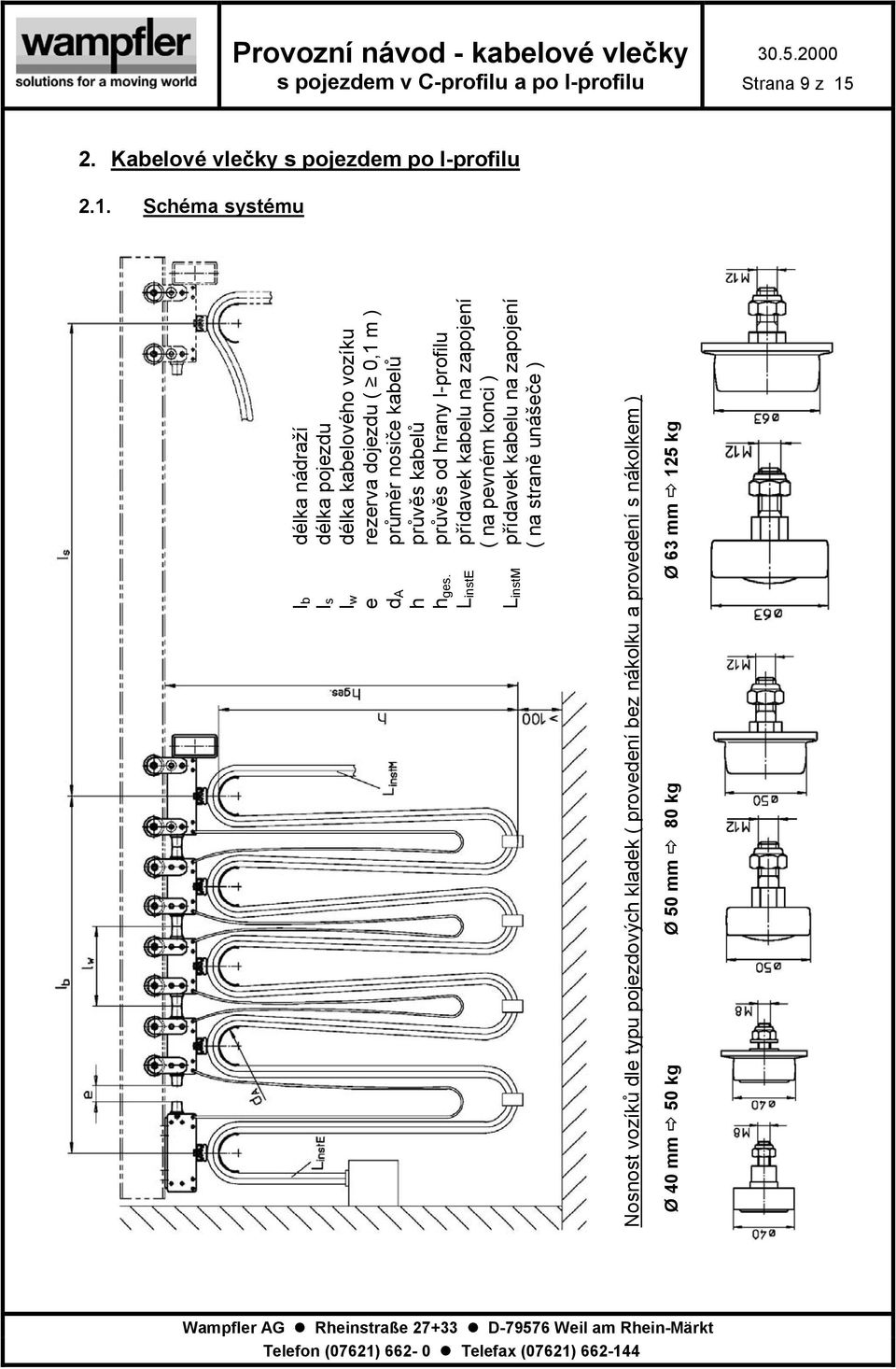 Schéma systému lb délka nádraží ls délka pojezdu lw délka kabelového vozíku e rezerva dojezdu ( 0,1 m ) da průměr nosiče