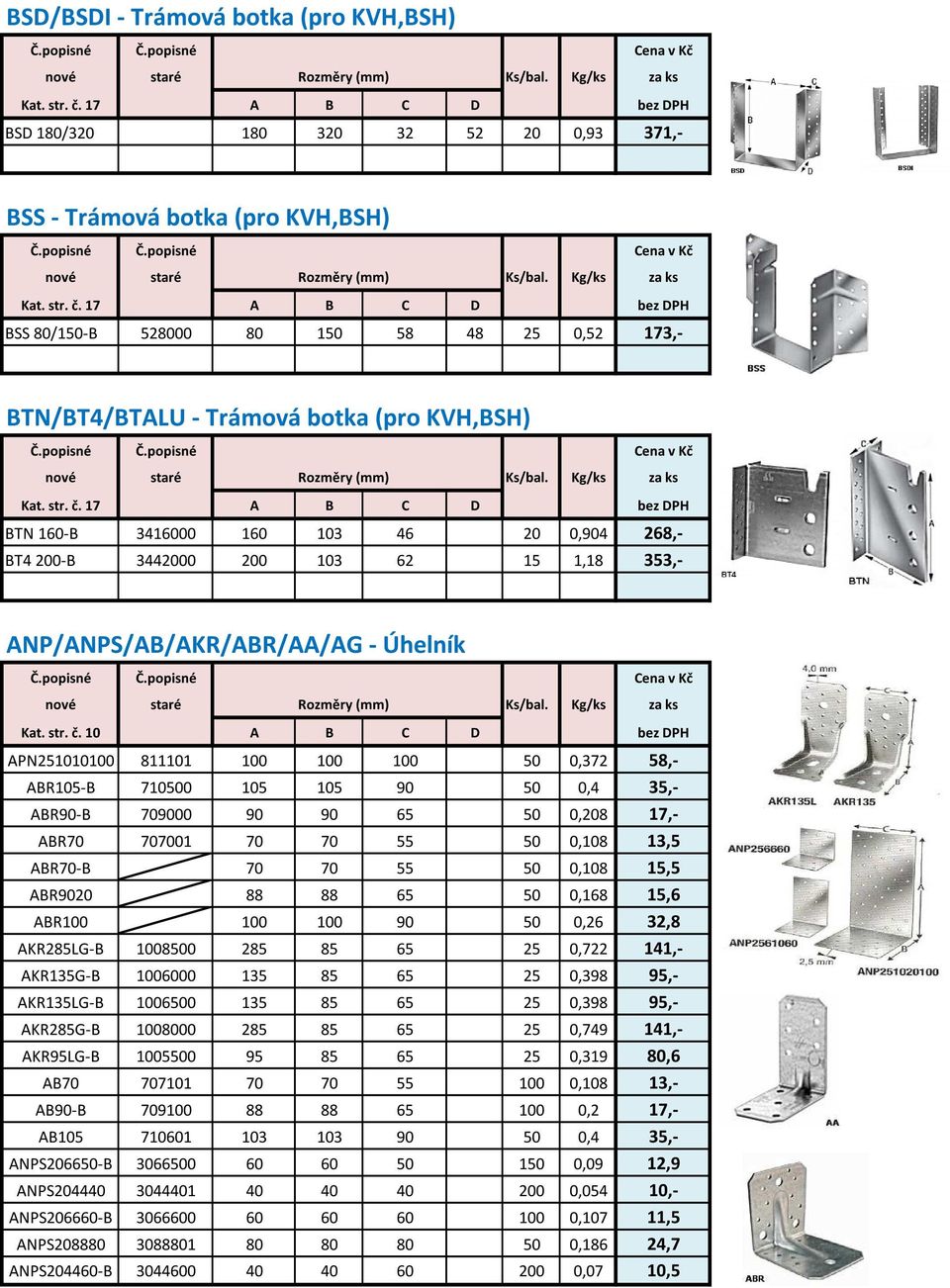 17 A B C D bez DPH BTN 160-B 3416000 160 103 46 20 0,904 268,- BT4 200-B 3442000 200 103 62 15 1,18 353,- ANP/ANPS/AB/AKR/ABR/AA/AG - Úhelník Kat.