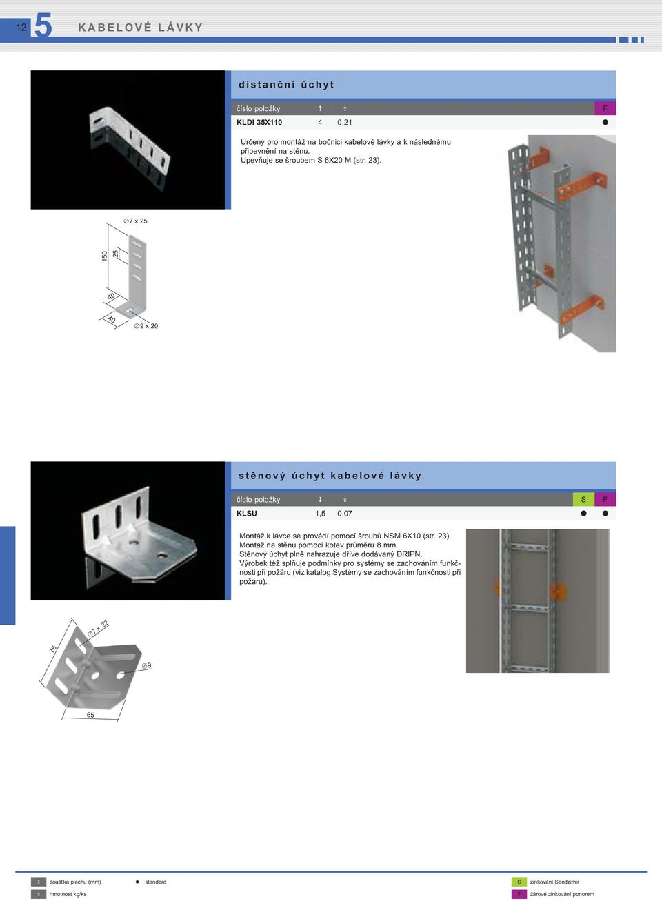 7 x 2 10 2 40 40 9 x 20 stěnový úchyt kabelové lávky číslo položky S F KLSU 1, 0,07 Montáž k lávce se provádí pomocí šroubů NSM 6X10 (str. 23).