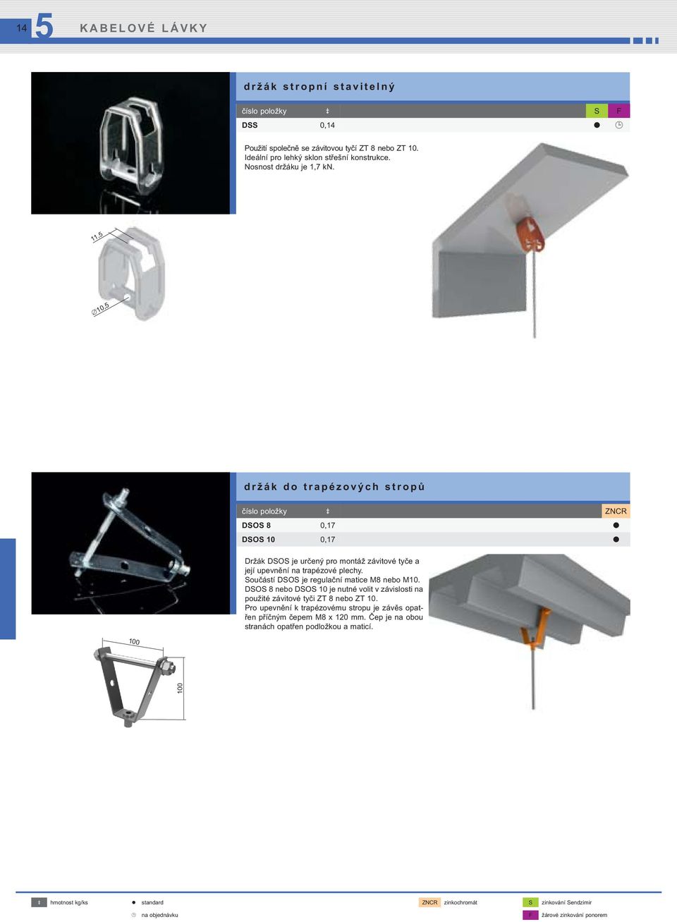 11, 10, držák do trapézových stropů číslo položky ZNCR DSOS 8 0,17 DSOS 10 0,17 Držák DSOS je určený pro montáž závitové tyče a její upevnění na trapézové plechy.