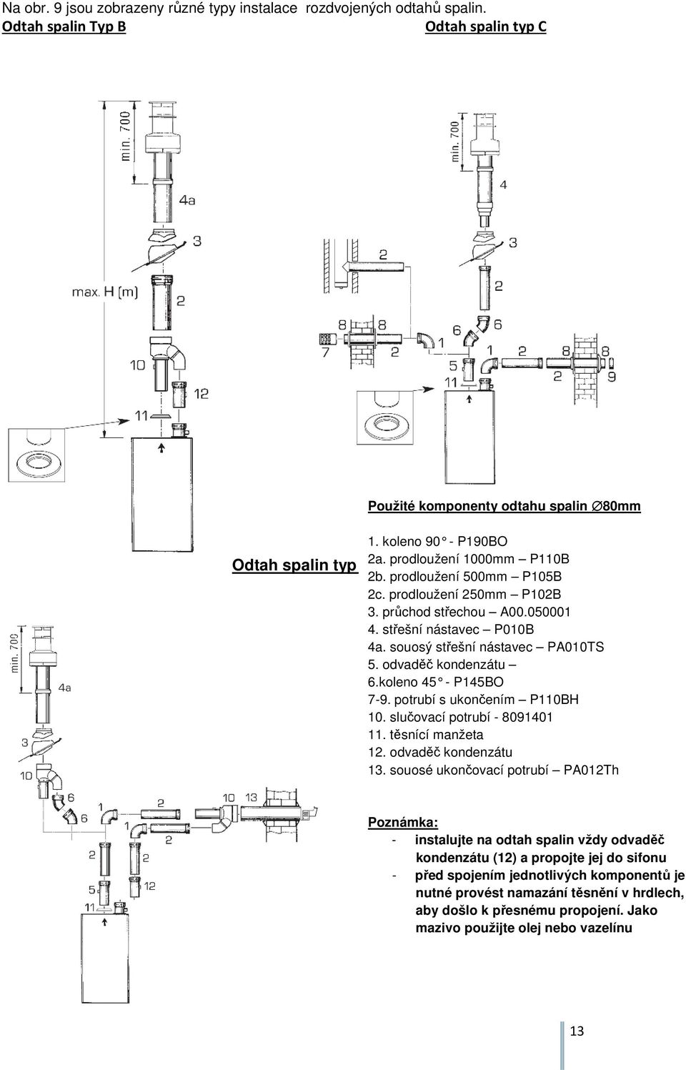 koleno 45 - P145BO 7-9. potrubí s ukončením P110BH 10. slučovací potrubí - 8091401 11. těsnící manžeta 12. odvaděč kondenzátu 13.