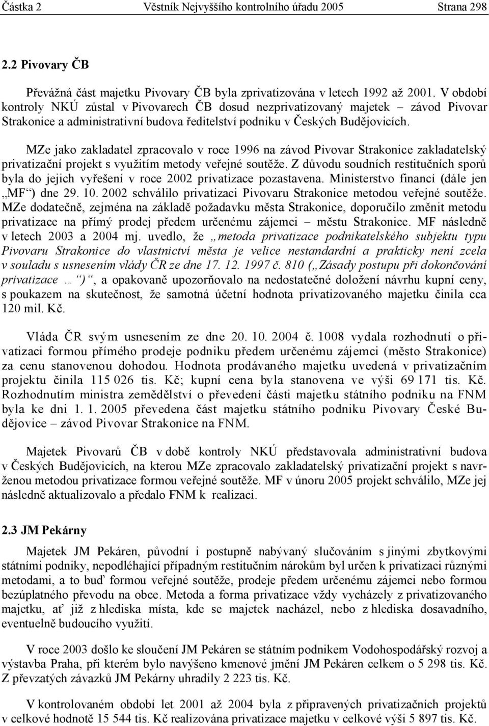 MZe jako zakladatel zpracovalo v roce 1996 na závod Pivovar Strakonice zakladatelský privatizační projekt s využitím metody veřejné soutěže.