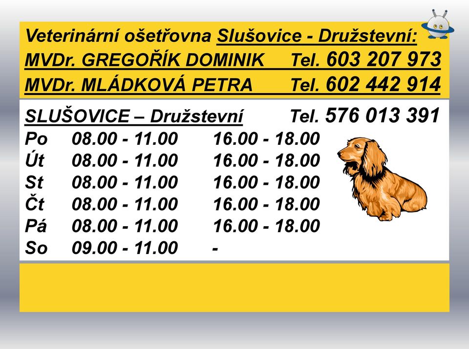 576 013 391 Po 08.00-11.00 16.00-18.00 Út 08.00-11.00 16.00-18.00 St 08.00-11.00 16.00-18.00 Čt 08.