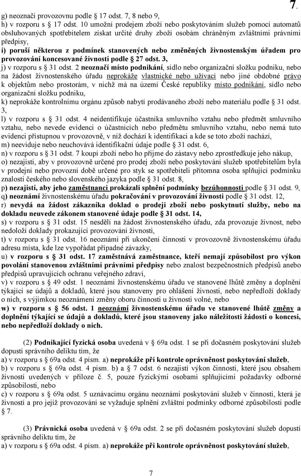 stanovených nebo změněných živnostenským úřadem pro provozování koncesované živnosti podle 27 odst. 3, j) v rozporu s 31 odst.