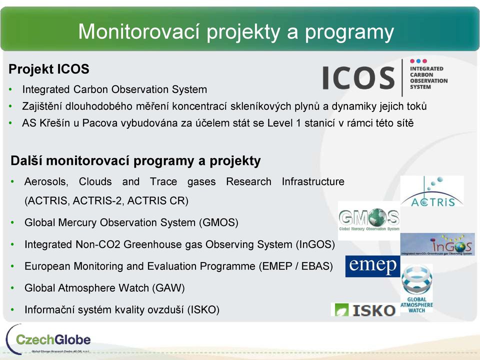 Aerosols, Clouds and Trace gases Research Infrastructure (ACTRIS, ACTRIS-2, ACTRIS CR) Global Mercury Observation System (GMOS) Integrated Non-CO2