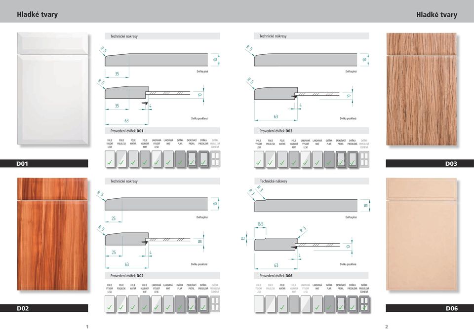 plné dveře Tvar D 06 - plné dveře D03 Tvar D 02 - prosklené dveře Tvar D 06 - prosklené dveře Provedení dvířek D02 Provedení