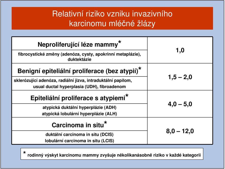 fibroadenom Epiteliální proliferace s atypiemi* atypická duktální hyperplázie (ADH) atypická lobulární hyperplázie (ALH) Carcinoma in situ* duktální