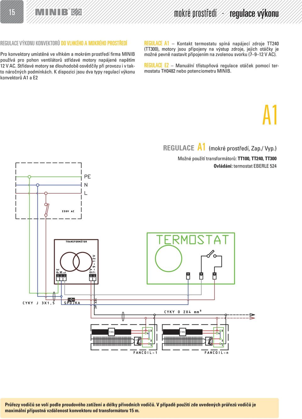 K dispozici jsou dva typy regulací výkonu konvektorů A1 a E2 REGULACE A1 Kontakt termostatu spíná napájecí zdroje TT240 (TT300), motory jsou připojeny na výstup zdroje, jejich otáčky je možné pevně