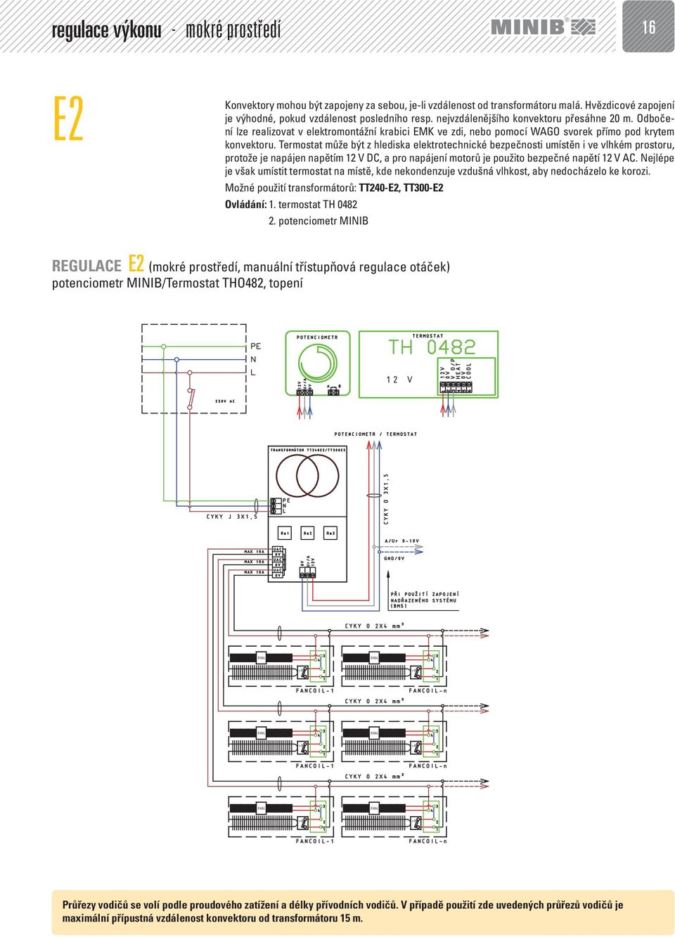 Termostat může být z hlediska elektrotechnické bezpečnosti umístěn i ve vlhkém prostoru, protože je napájen napětím 12 V DC, a pro napájení motorů je použito bezpečné napětí 12 V AC.