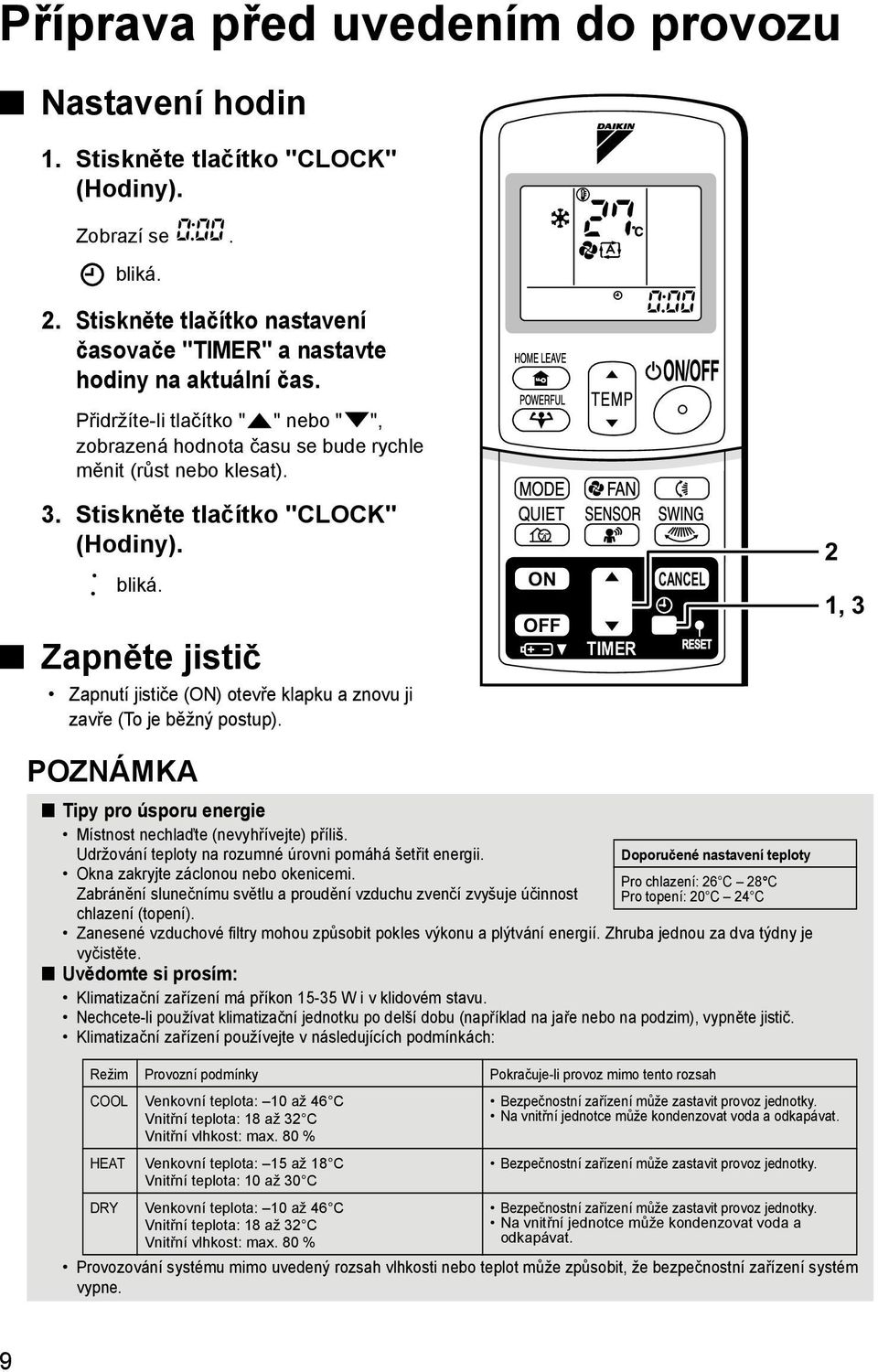 Zapněte jistič Zapnutí jističe (ON) otevře klapku a znovu ji zavře (To je běžný postup). ON OFF TIMER CANCEL 2 1, 3 POZNÁMKA Tipy pro úsporu energie Místnost nechlaďte (nevyhřívejte) příliš.