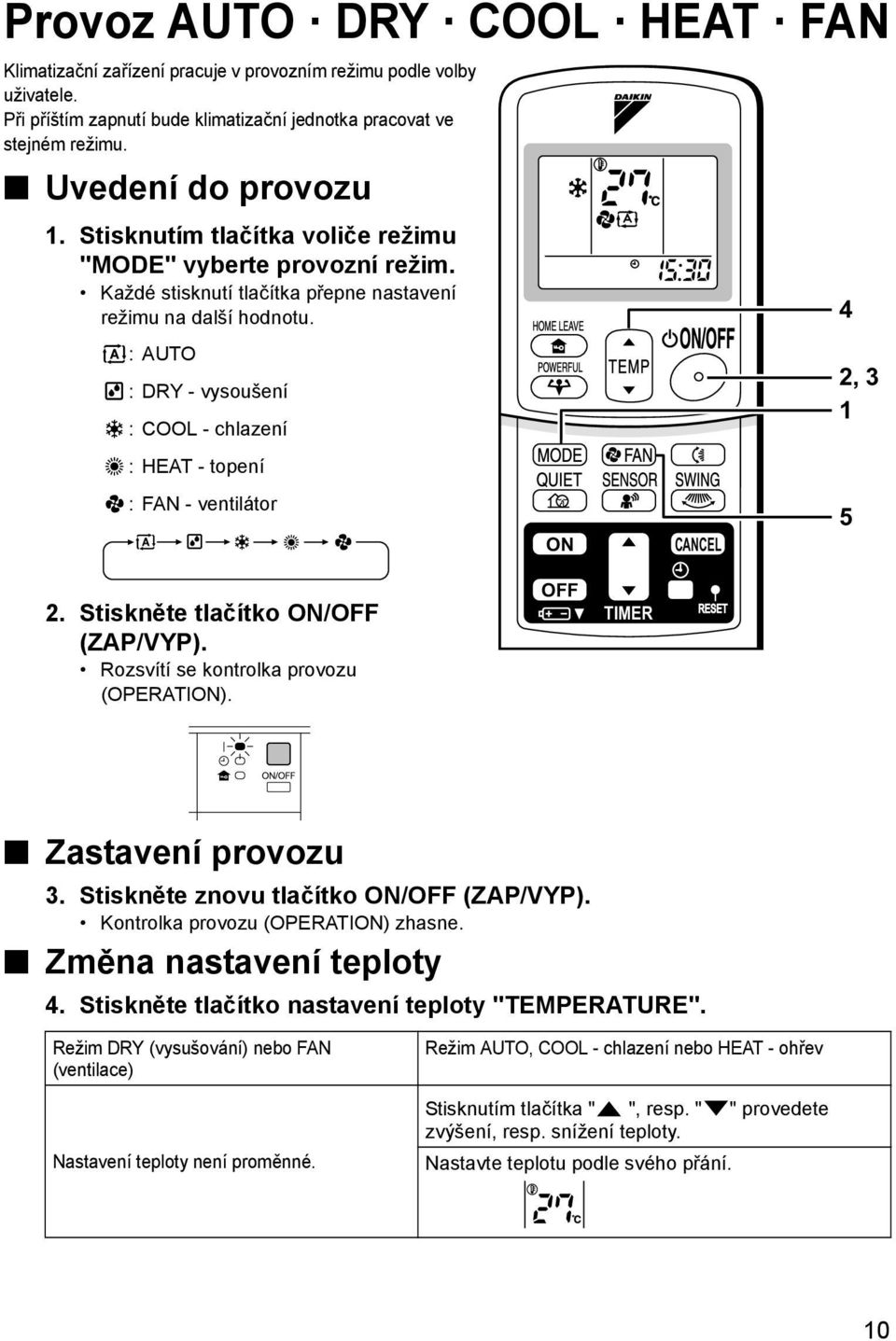 :AUTO : DRY - vysoušení : COOL - chlazení : HEAT - topení : FAN - ventilátor ON CANCEL 4 2, 3 1 5 2. Stiskněte tlačítko ON/OFF (ZAP/VYP). Rozsvítí se kontrolka provozu (OPERATION).