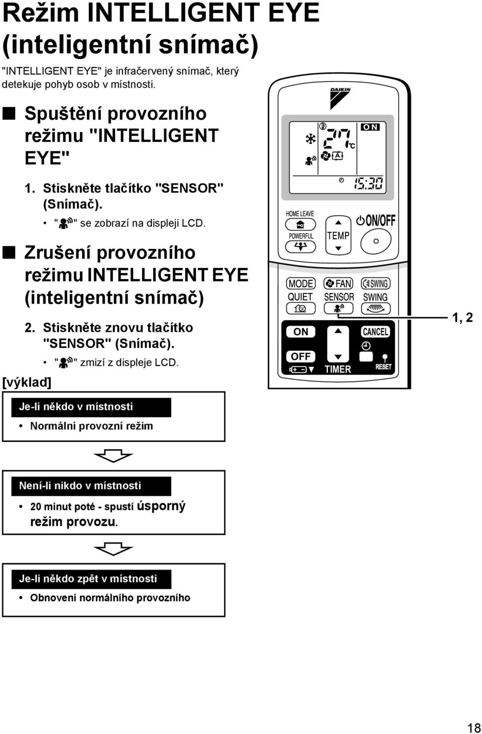 Zrušení provozního režimu INTELLIGENT EYE (inteligentní snímač) 2. Stiskněte znovu tlačítko "SENSOR" (Snímač). " [výklad] " zmizí z displeje LCD.
