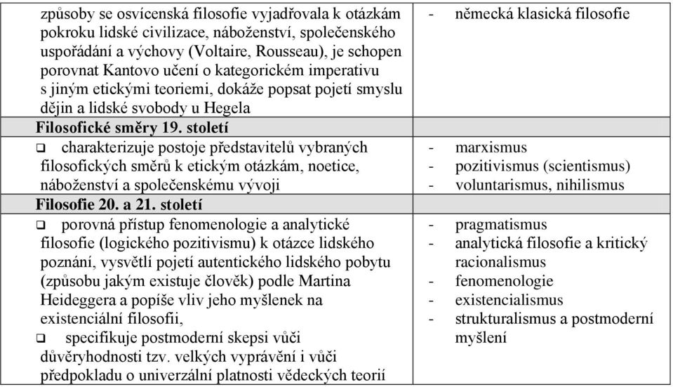 století charakterizuje postoje představitelů vybraných filosofických směrů k etickým otázkám, noetice, náboženství a společenskému vývoji Filosofie 20. a 21.