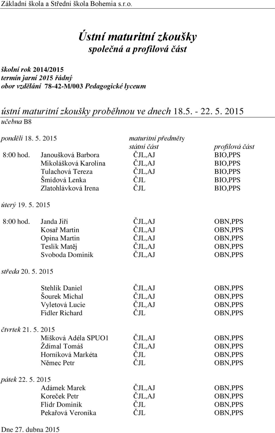 Janda Jiří ČJL,AJ OBN,PPS Kosař Martin ČJL,AJ OBN,PPS Opina Martin ČJL,AJ OBN,PPS Teslík Matěj ČJL,AJ OBN,PPS Svoboda Dominik ČJL,AJ OBN,PPS středa 20. 5.