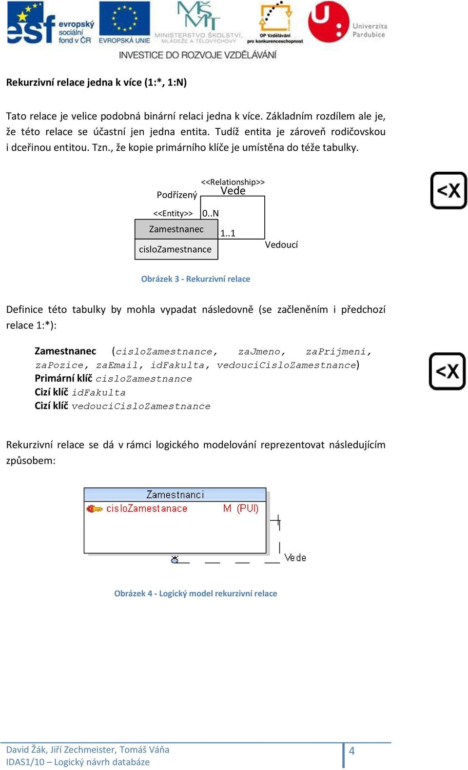 .1 cislozamestnance Vedoucí Obrázek 3 - Rekurzivní relace Definice této tabulky by mohla vypadat následovně (se začleněním i předchozí relace 1:*): Zamestnanec (cislozamestnance, zajmeno, zaprijmeni,