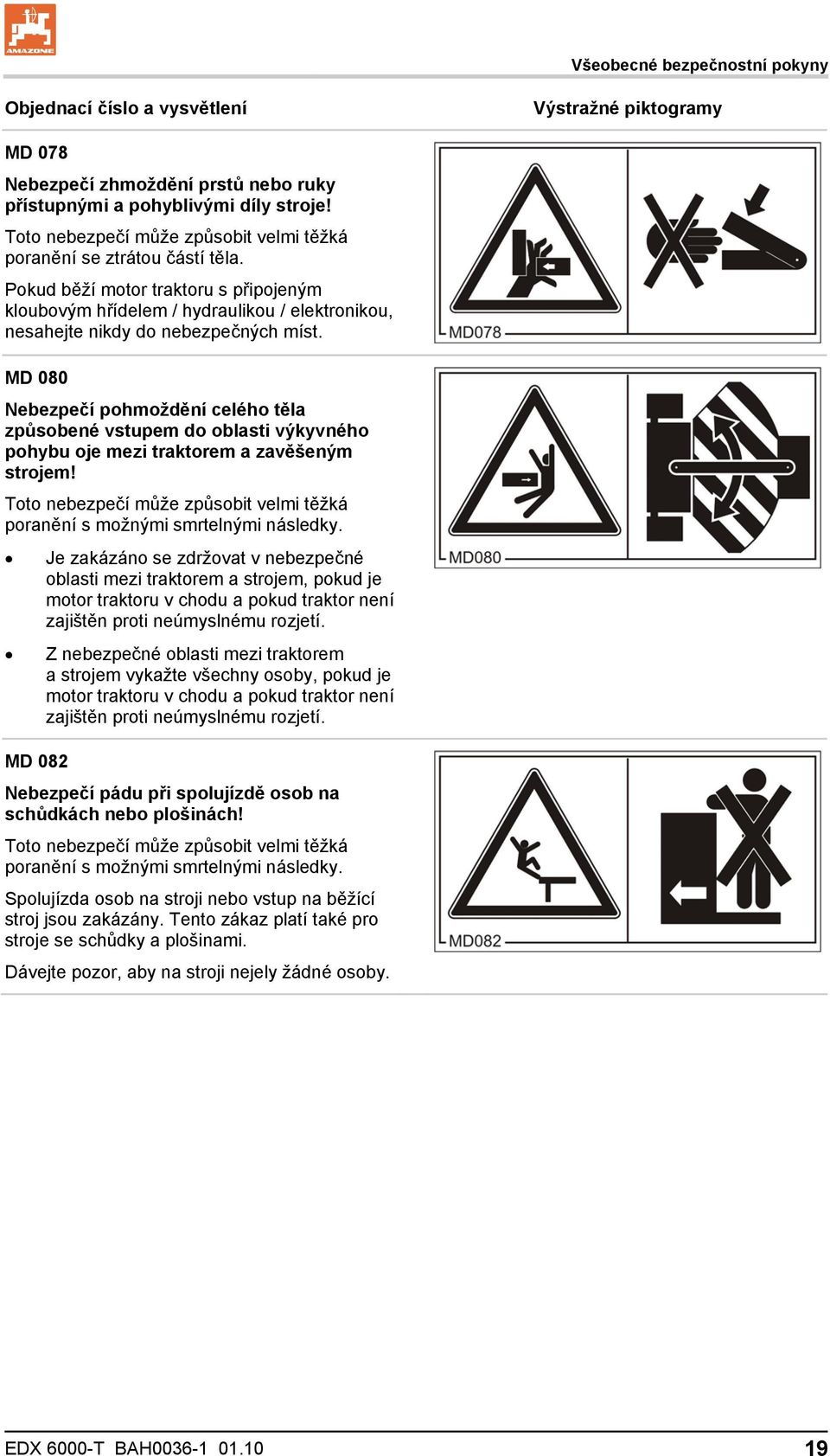 MD 080 Nebezpečí pohmoždění celého těla způsobené vstupem do oblasti výkyvného pohybu oje mezi traktorem a zavěšeným strojem!