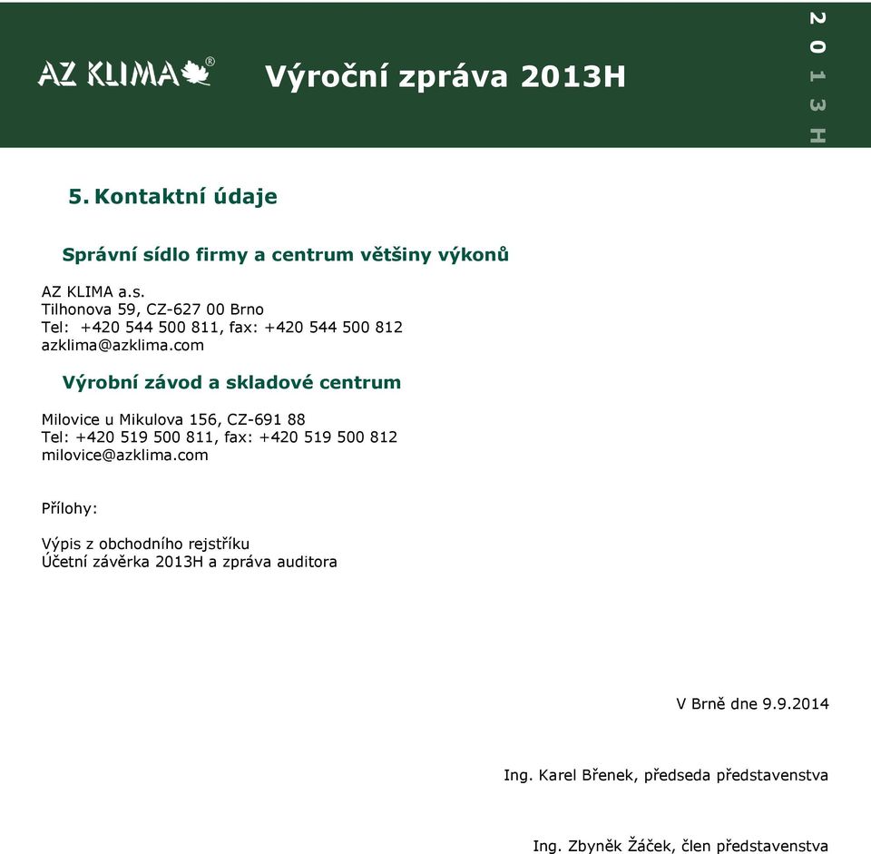 milovice@azklima.com Přílohy: Výpis z obchodního rejstříku Účetní závěrka 2013H a zpráva auditora V Brně dne 9.9.2014 Ing.