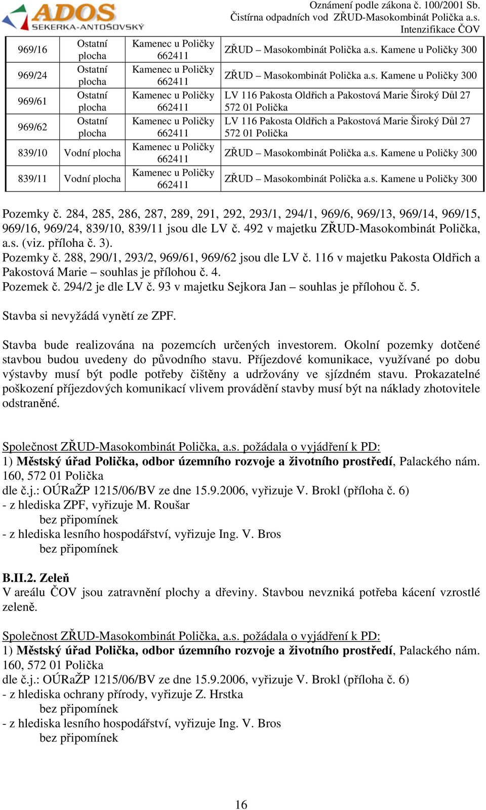 s. Kamene u Poličky 300 Pozemky č. 284, 285, 286, 287, 289, 291, 292, 293/1, 294/1, 969/6, 969/13, 969/14, 969/15, 969/16, 969/24, 839/10, 839/11 jsou dle LV č.