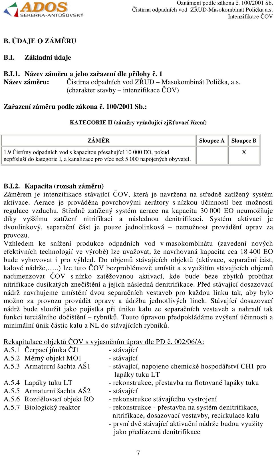 9 Čistírny odpadních vod s kapacitou přesahující 10 000 EO, pokud nepřísluší do kategorie I, a kanalizace pro více než 5 000 napojených obyvatel. Sloupec A Sloupec B X B.I.2.