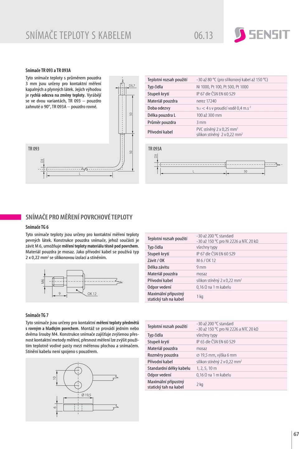 s -1 TR 093A 100 až 300 mm 3 mm PVC stíněný 2 x 0,25 mm 2 silikon stíněný 2 x 0,22 mm 2 SNÍMAČE PRO MĚŘENÍ POVRCHOVÉ TEPLOTY Snímače TG 6 Tyto snímače teploty jsou určeny pro kontaktní měření teploty